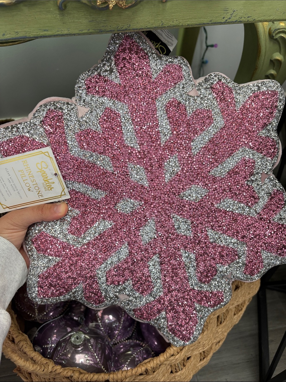 Sparkle Pink and Silver Snowflake Holiday Pillow - Seasonal Home Holiday Accent